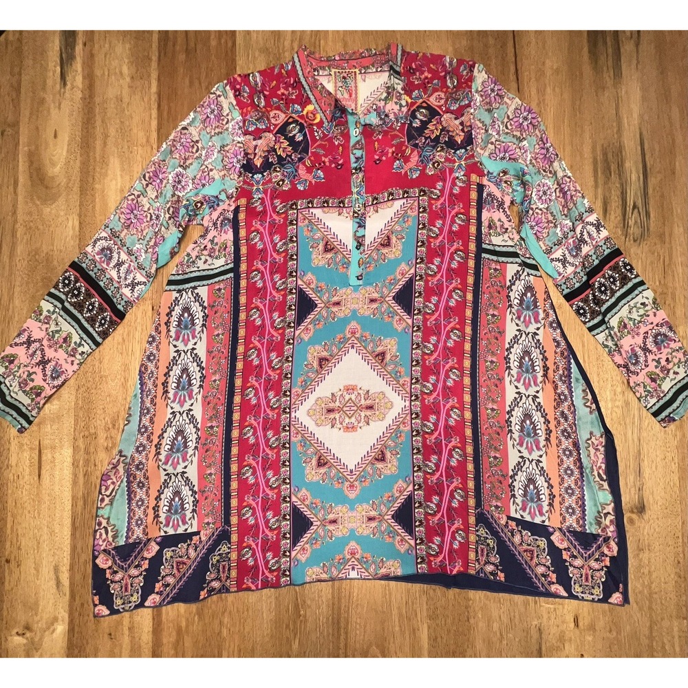 Johnny Was Floral Blouse Meco Scarf Print Tunic Handkerchief Hem Size S Boho NWT - Picture 16 of 16